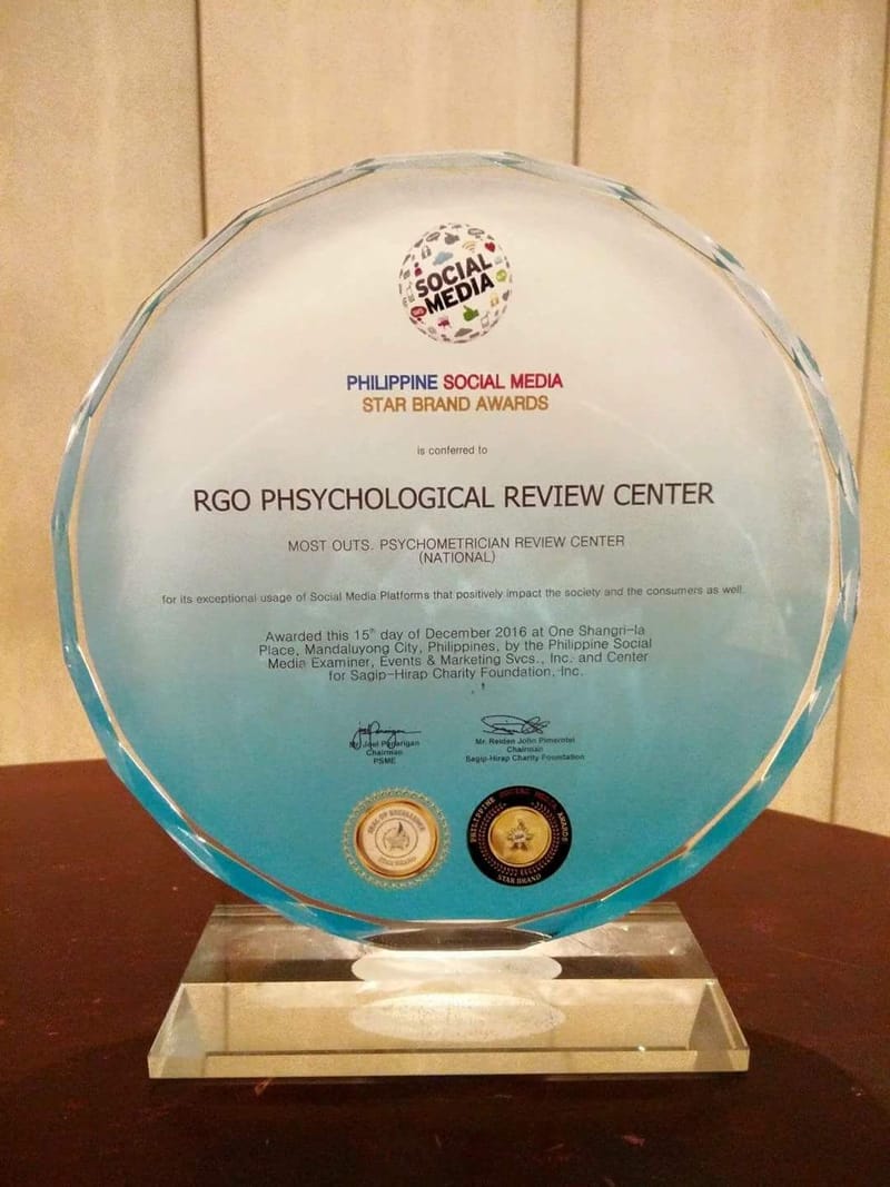 RGO Bags National Award for Most Outstanding Psychometrician Review Center 2016 from Philippine Social Media Awards