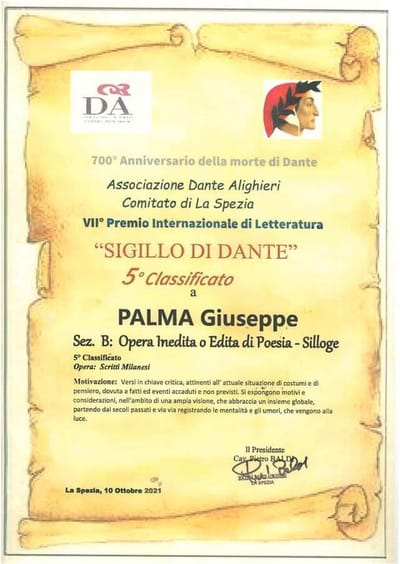 Il Sigillo di Dante, 2021 - 5° classificato per la poesia edita (Società Dante Alighieri - LaDante - Comitato di La Spezia)