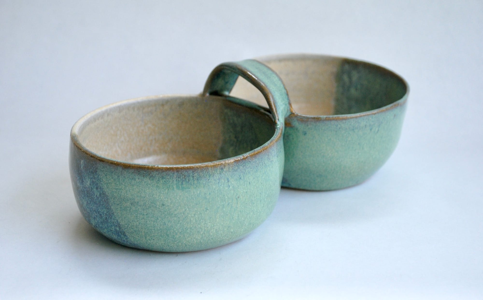 Teal and Creme Double Bowl Server with Handle