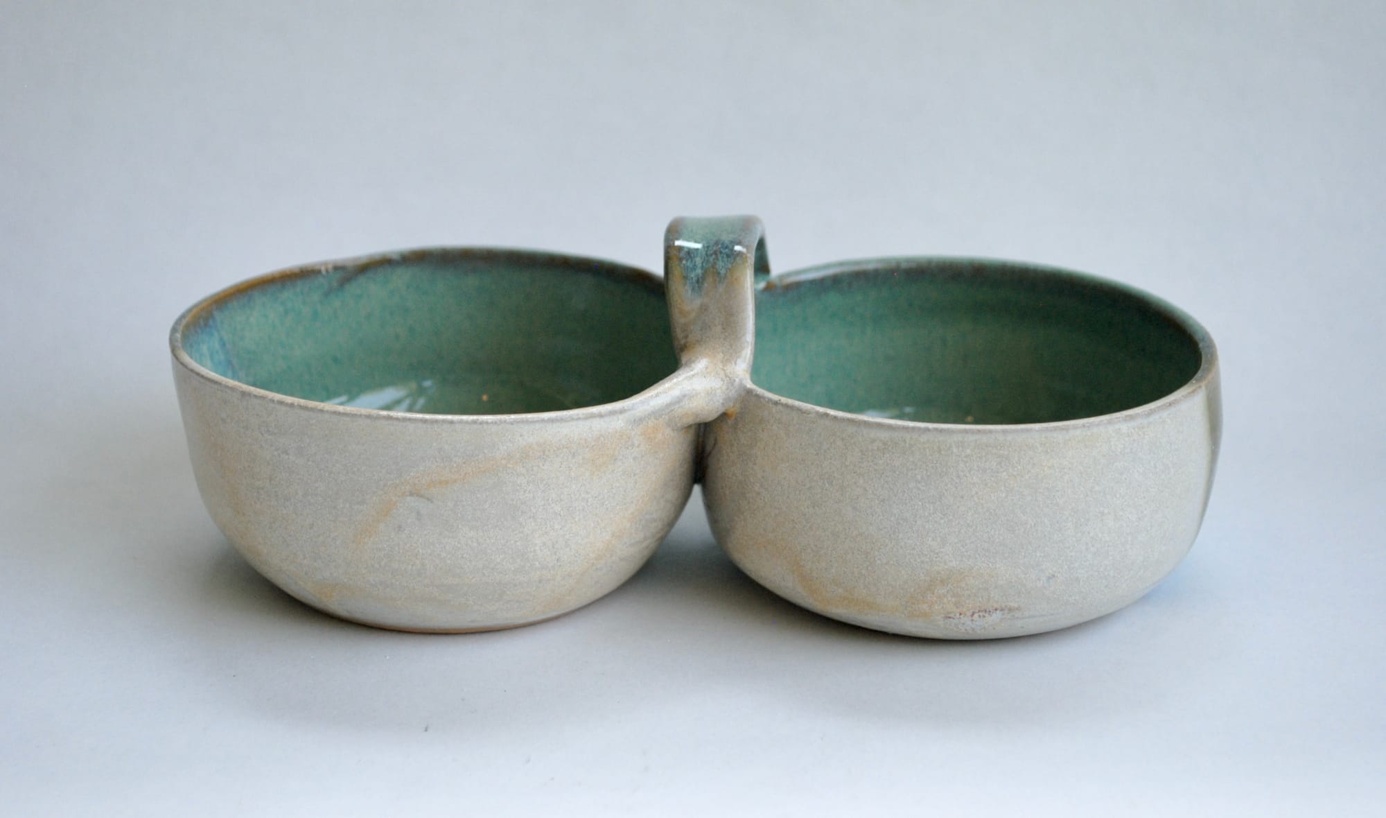 Teal and Creme Double Bowl Server with Handle