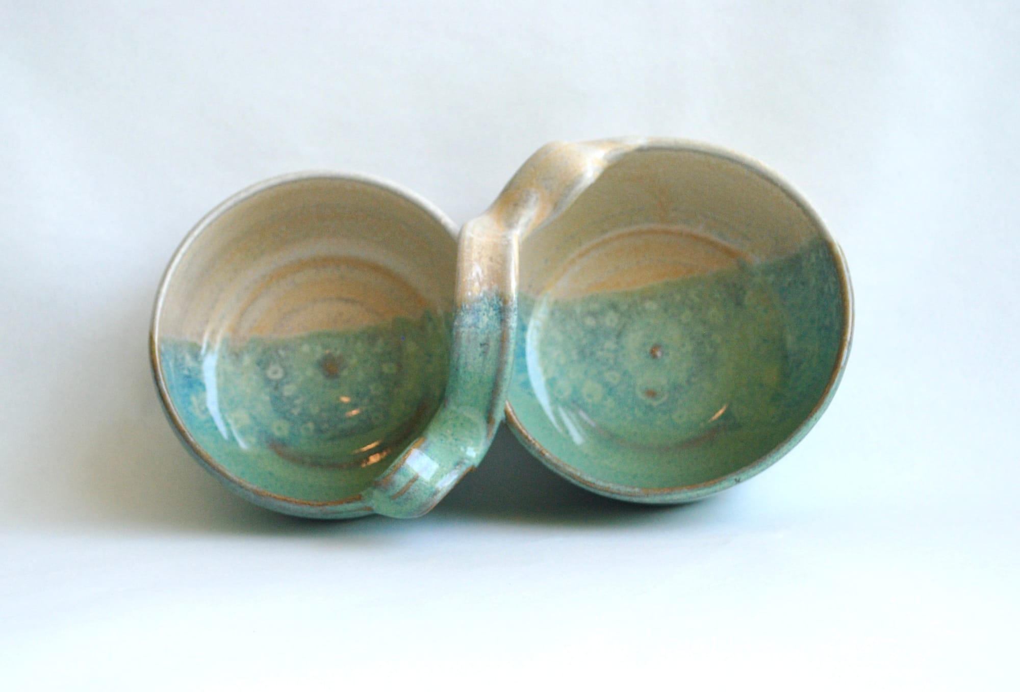 Teal and Creme Double Bowl Server with Handle