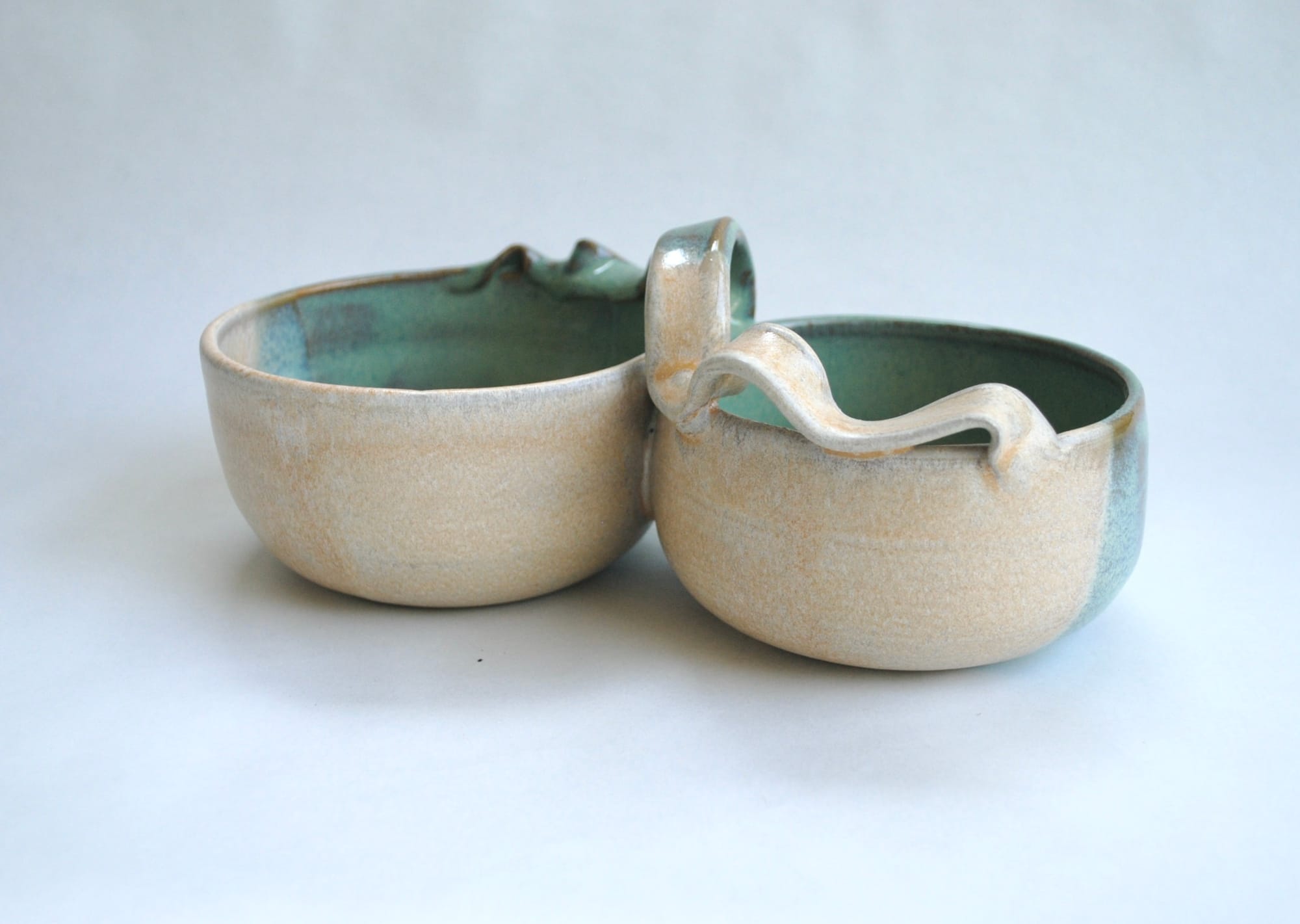 Teal and Creme Double Bowl Server with Handle