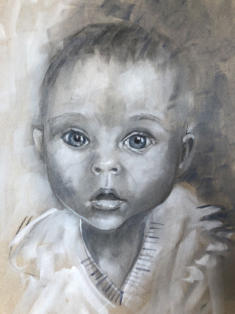 Porträtt i olika medium, kol, blyerts, krita, pastell, olja, akvarell