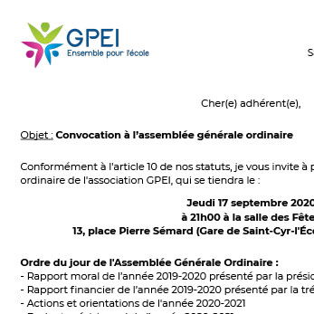Assemblée générale ordinaire du 17 septembre 2020